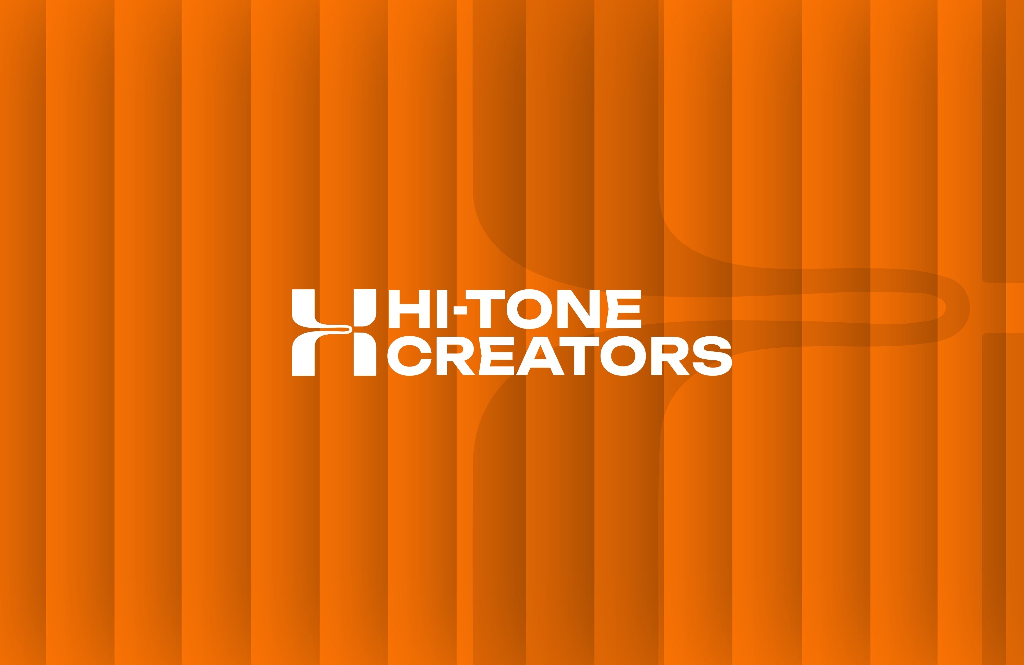 Hi-Tone Creators white logo on the orange striped brand pattern