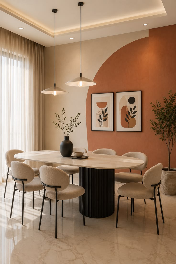 Dining room with terracotta feature wall