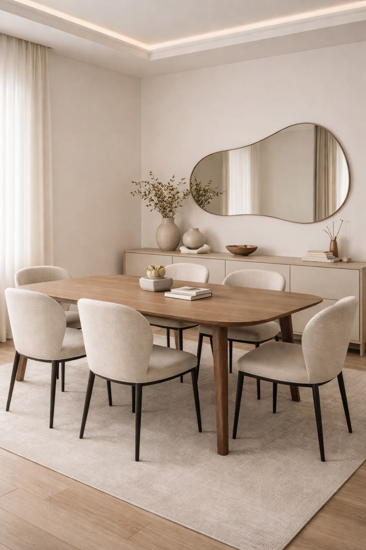 Neutral dining space with curved mirror