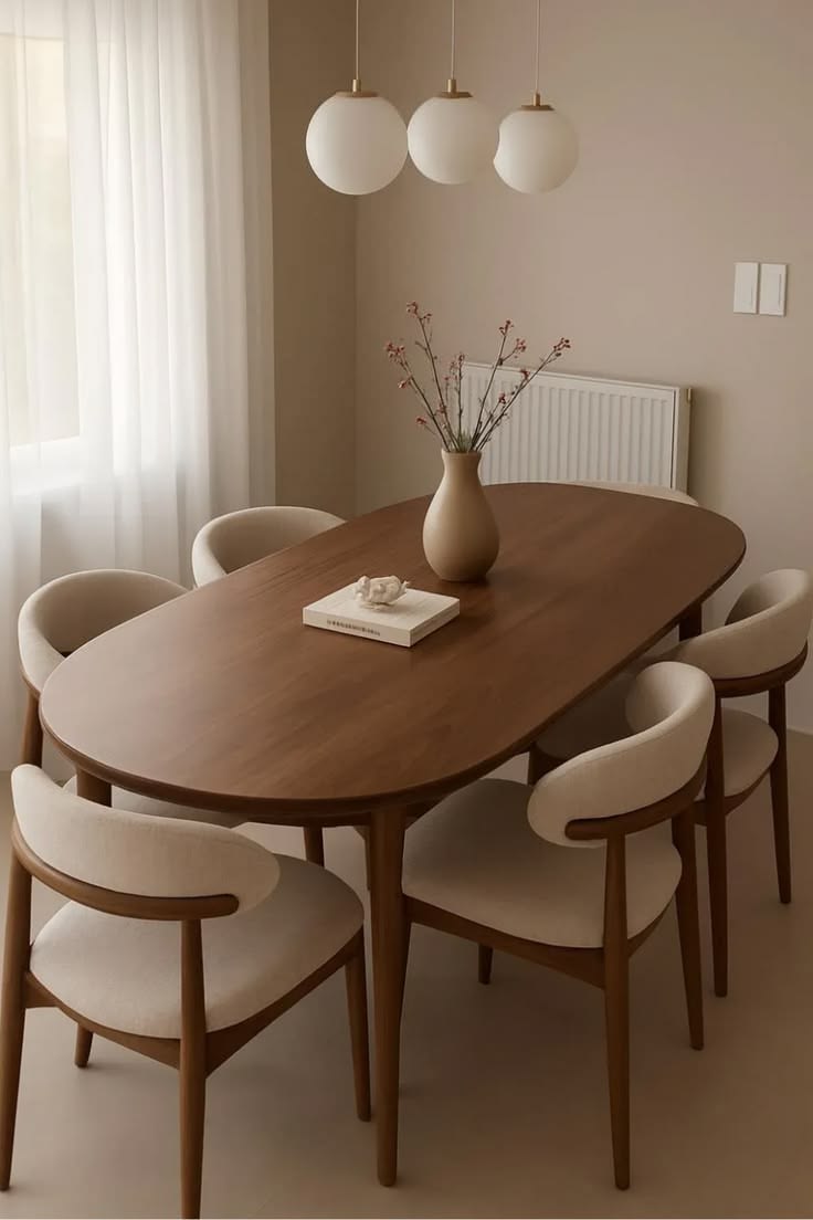 Minimal dining room with sculptural lighting