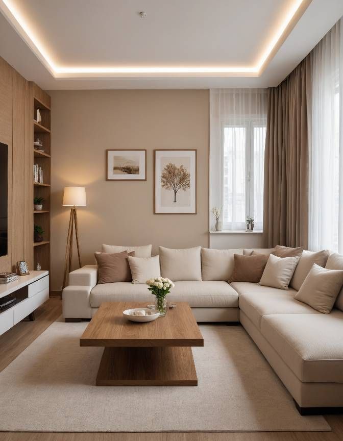 Warm living room with soft neutral seating