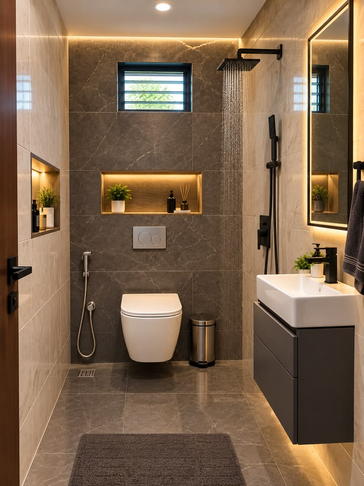 Modern bathroom with warm recessed lighting
