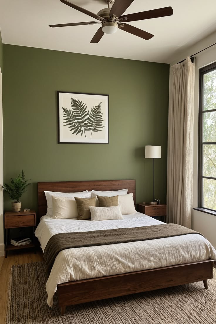 Olive green bedroom with natural light