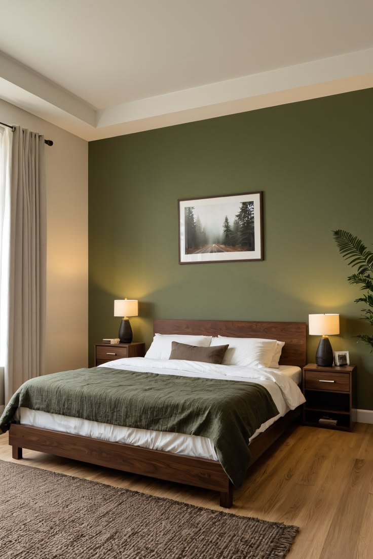 Minimal bedroom with dark green feature wall